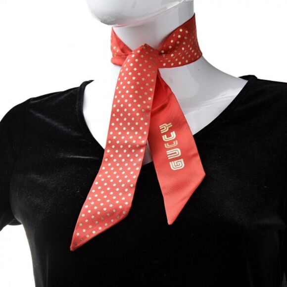 Gucci Neck Scarf X SEGA Silk GUCCY Stars Print Skinny Hair Tie  Flame Red Gold - Picture 1 of 13